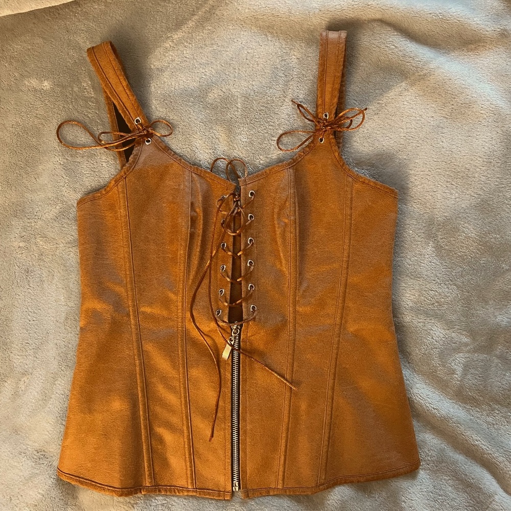 Faux Leather Lace Up/Zipper Corset